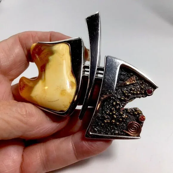 Sterling Silver Artisan Amber Art Deco Brooch/ Pendant Vintage 51 Grams 3”